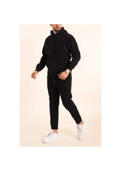 Erkek Siyah Eşofman Takımı Oversize Kalıp Comfort Kapüşonlu Sweatshirt Sweatpants modelleri