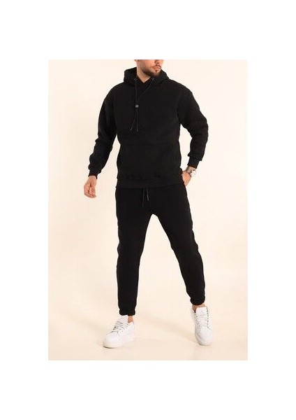 Erkek Siyah Eşofman Takımı Oversize Kalıp Comfort Kapüşonlu Sweatshirt Sweatpants fırsatları