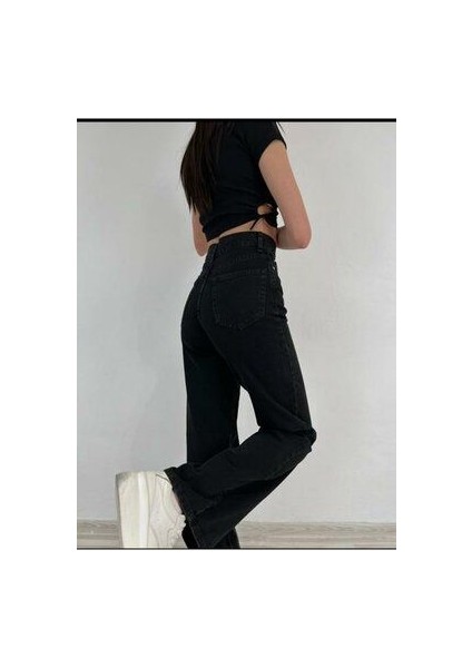Leo Penelope Alessia Likralı Kadın Siyah Süper Yüksek Bel Salaş Paça Denim Kot Palazzo Pantolon