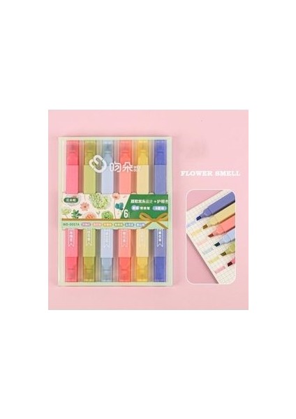 Wenduo Çift Uçlu Çiçek Kokulu 6'lı Pastel Fosforlu Kalem Seti
