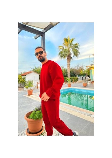 Erkek Kırmızı 3 Iplik Jogger Bisiklet Yaka Eşofman Takımı