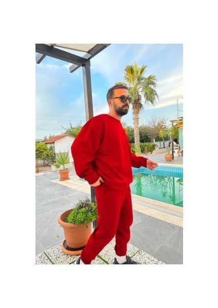 Erkek Kırmızı 3 Iplik Jogger Bisiklet Yaka Eşofman Takımı