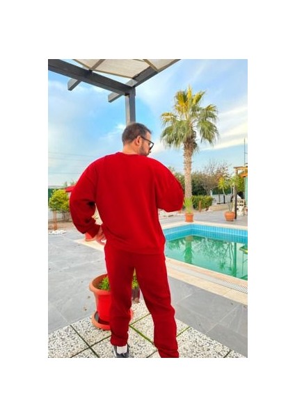 Erkek Kırmızı 3 Iplik Jogger Bisiklet Yaka Eşofman Takımı