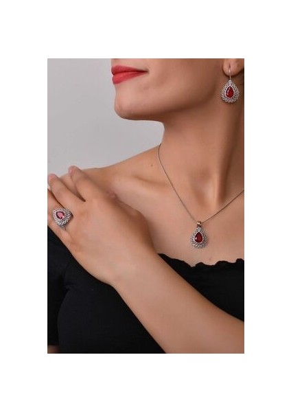 Yakut Taşlı Damla Model Telkari El Işçiliği Gümüş Üçlü Set