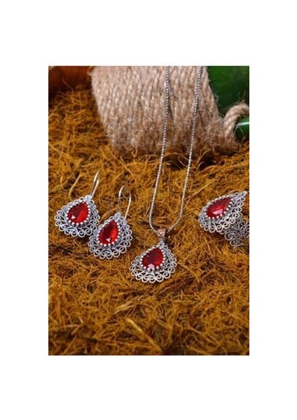 Yakut Taşlı Damla Model Telkari El Işçiliği Gümüş Üçlü Set fiyatları