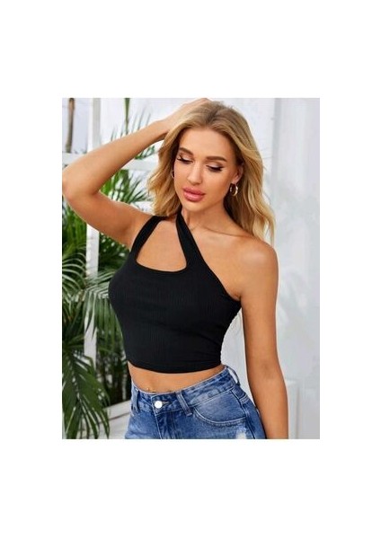 Kadın Çapraz Askılı Asimetrik Yaka Cool Crop Siyah Bluz