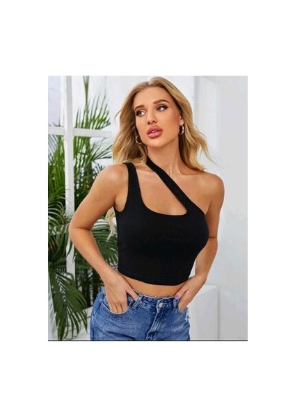 Kadın Çapraz Askılı Asimetrik Yaka Cool Crop Siyah Bluz fiyatları