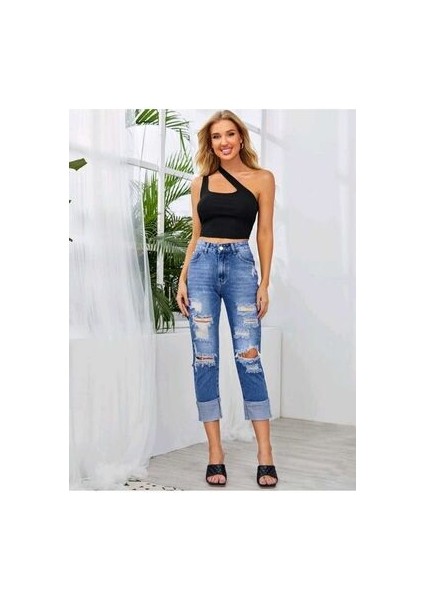 Kadın Çapraz Askılı Asimetrik Yaka Cool Crop Siyah Bluz modelleri