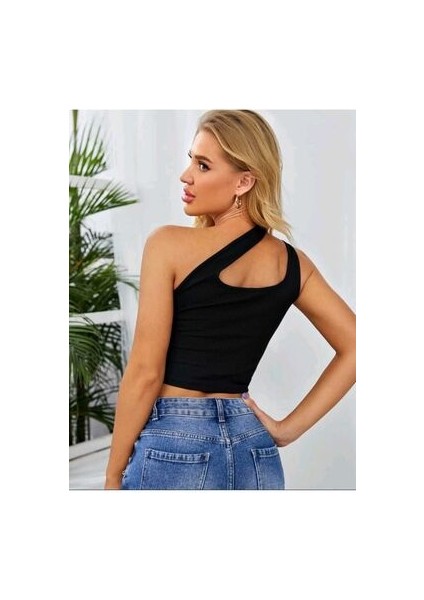 Kadın Çapraz Askılı Asimetrik Yaka Cool Crop Siyah Bluz fırsatları
