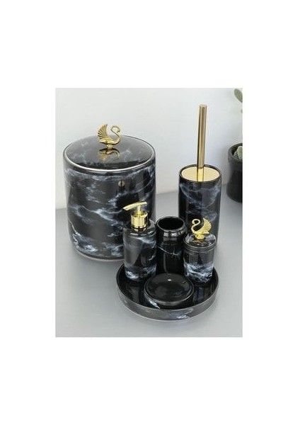 Lüx 7 Parça Elya Desen Porselen Banyo Takımı Siyah