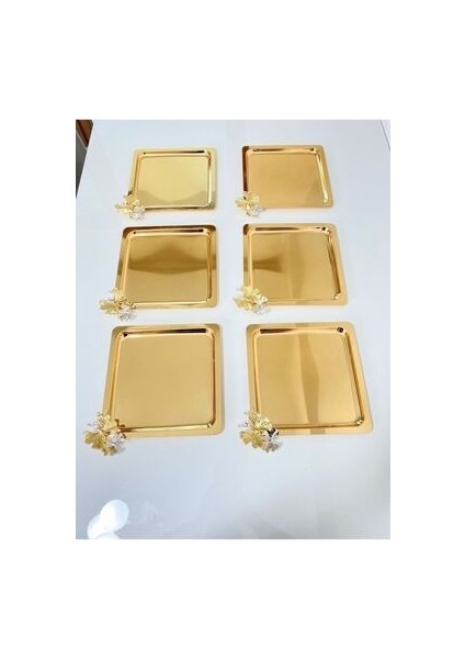 Lüx Kelebek Aksesuarlı Paslanmaz Çelik Kare 6’lı Gümüş Kahve, Çay, Dekoratif Sunum Servis Tepsisi