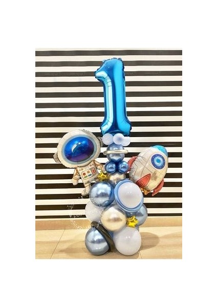 Astronot Roket Uzay Temalı 1 Yaş Mavi Rakamlı Balon Seti