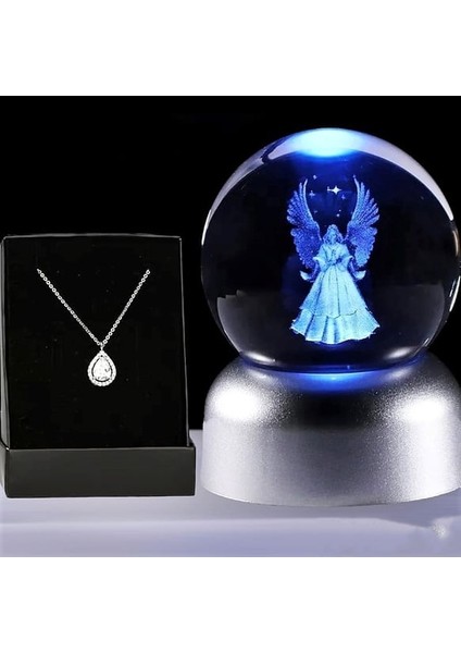 LED Işıklı Cam Melek Küre ve Lotus Damla Kolye Hediyeli