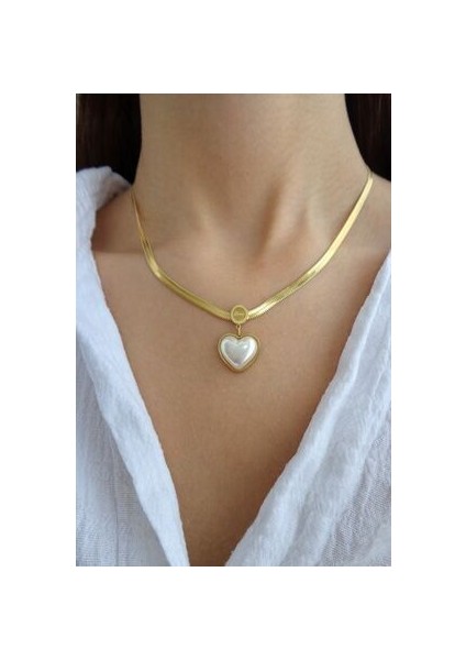 Çelik Altın Kaplama Italyan Zincir Sedef Inci Kalp Kolye