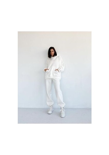 Unisex Beyaz Kapüşonlu Ikili Eşofman Takımı