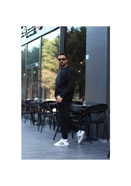 Erkek Siyah 3 Iplik Oversize Bisiklet Yaka Eşofman Takımı