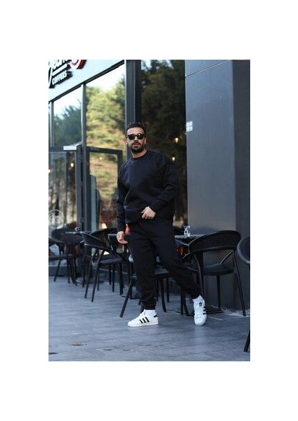 Erkek Siyah 3 Iplik Oversize Bisiklet Yaka Eşofman Takımı