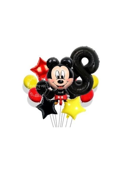 8 Yaş Siyah Rakam Balonlu Mickey Mouse Balon Seti Mini Fare Temalı 17'li Set