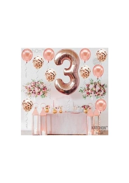 Büyük Rakam Balon Rose Gold 3 Yaş + Konfeti Pullu Şeffaf Balon ve Metalik Rose Gold Balon indirimleri