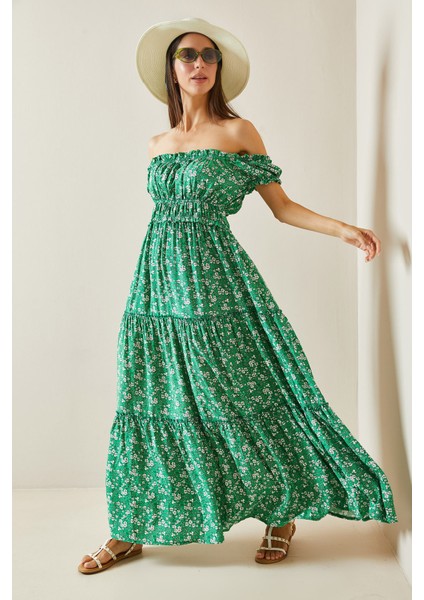 Yeşil Desenli Kayık Yaka Maxi Elbise 5YXK6-48870-08