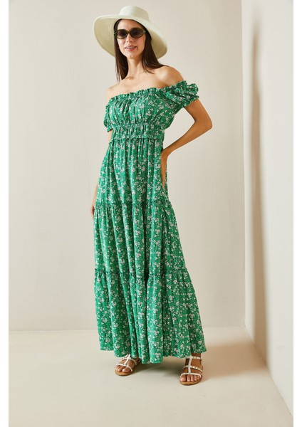 Yeşil Desenli Kayık Yaka Maxi Elbise 5YXK6-48870-08 fiyatları