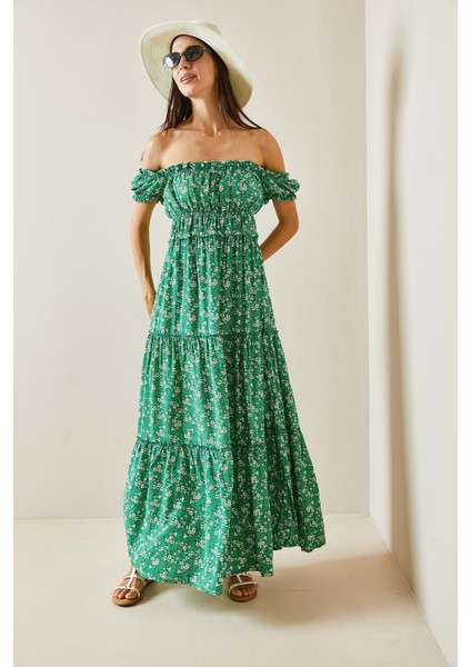 Yeşil Desenli Kayık Yaka Maxi Elbise 5YXK6-48870-08 modelleri