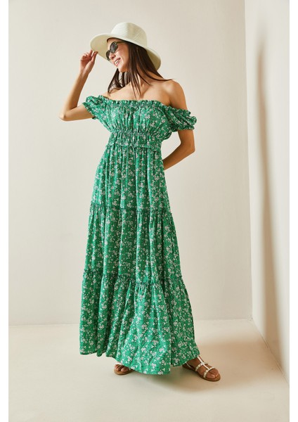 Yeşil Desenli Kayık Yaka Maxi Elbise 5YXK6-48870-08 fırsatları