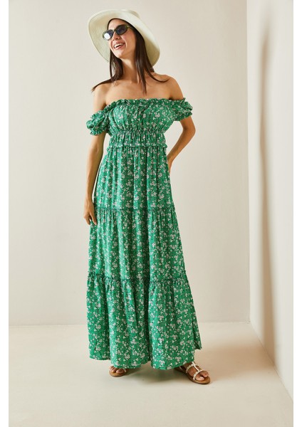 Yeşil Desenli Kayık Yaka Maxi Elbise 5YXK6-48870-08 indirimleri