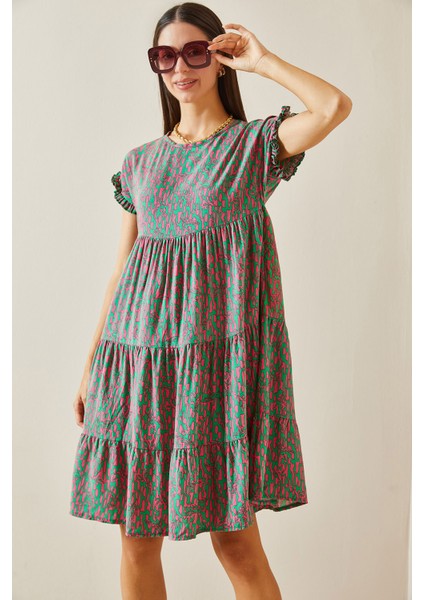 Yeşil Desenli Bisiklet Yaka Robalı Mini Elbise 5YXK6-48873-08