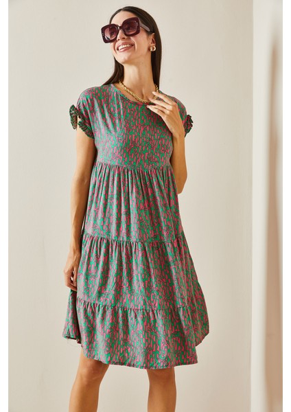 Yeşil Desenli Bisiklet Yaka Robalı Mini Elbise 5YXK6-48873-08 fiyatları