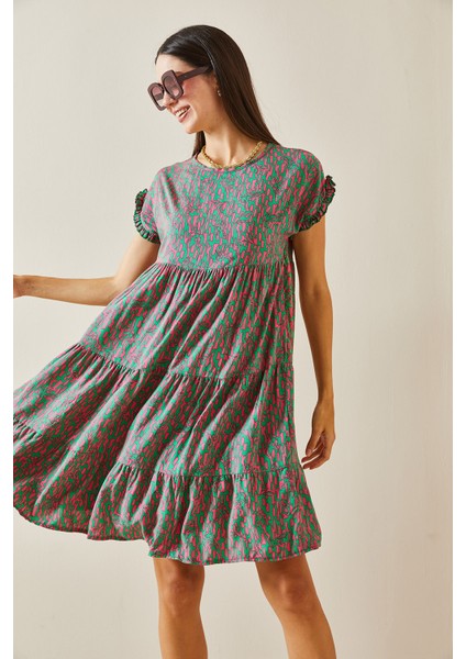 Yeşil Desenli Bisiklet Yaka Robalı Mini Elbise 5YXK6-48873-08 modelleri