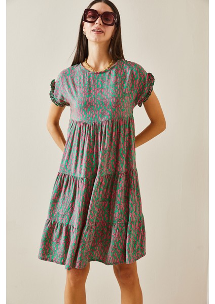 Yeşil Desenli Bisiklet Yaka Robalı Mini Elbise 5YXK6-48873-08 fırsatları