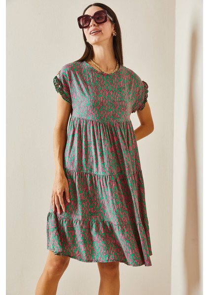 Yeşil Desenli Bisiklet Yaka Robalı Mini Elbise 5YXK6-48873-08 indirimleri