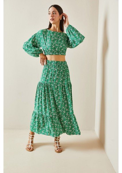 Yeşil Çiçek Desenli Crop Ikili Takım 5YXK8-48865-08 modelleri