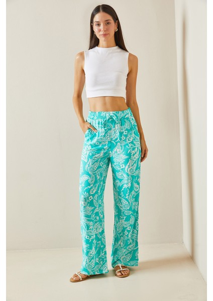 Su Yeşili Desenli Bol Paça Beli Lastikli Cepli Pantolon 5YXK5-48884-38