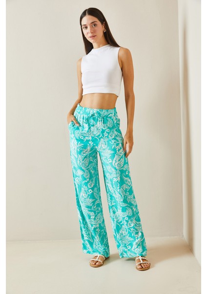 Su Yeşili Desenli Bol Paça Beli Lastikli Cepli Pantolon 5YXK5-48884-38 fiyatları
