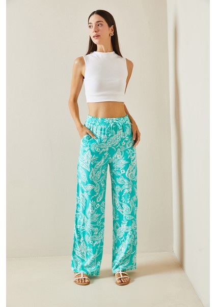 Su Yeşili Desenli Bol Paça Beli Lastikli Cepli Pantolon 5YXK5-48884-38 modelleri
