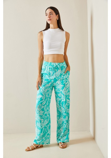 Su Yeşili Desenli Bol Paça Beli Lastikli Cepli Pantolon 5YXK5-48884-38 indirimleri