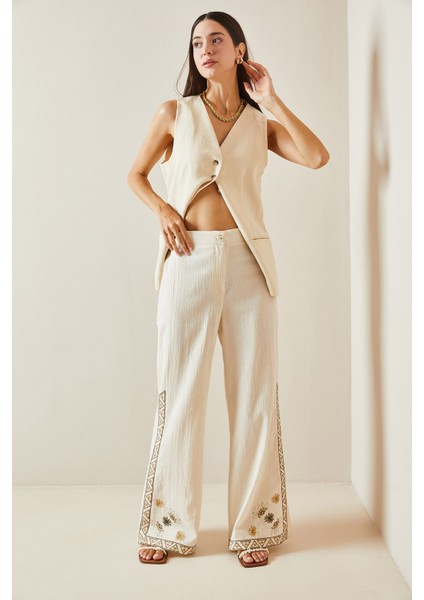 Bej Nakışlı Bol Paça Keten Pantolon 5YXK5-48875-25 fiyatları