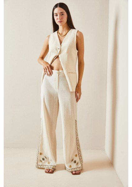 Bej Nakışlı Bol Paça Keten Pantolon 5YXK5-48875-25 indirimleri