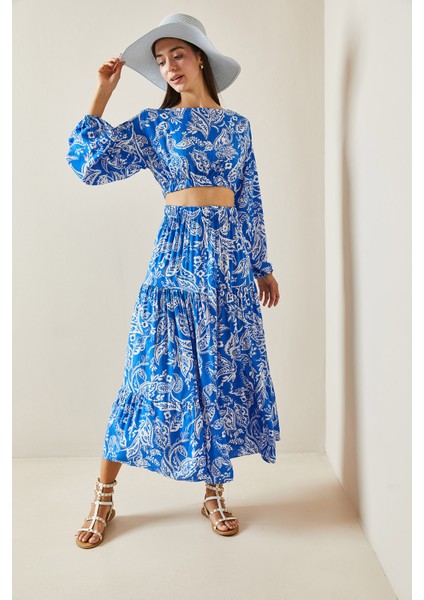 Mavi Desenli Salaş Crop Ikili Takım 5YXK8-48886-12 modelleri