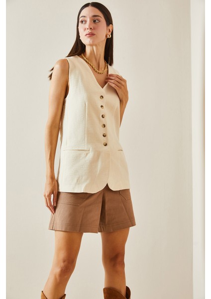 Bej Düğmeli & Cepli Midi Yelek 5YXK4-48883-25 modelleri