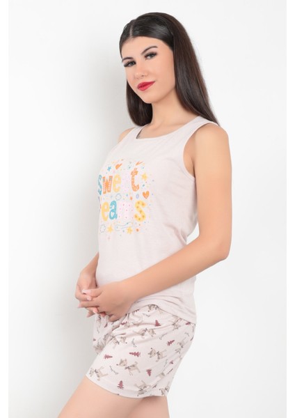 Taş Rengi Sıfır Kol Baskılı Pamuklu Kumaş Kadın Şortlu Pijama Takımı - 10004
