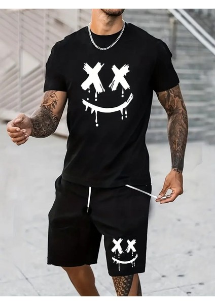 Erkek Kısa Kollu Bisiklet Yaka Baskılı Bluz Ipli Short Iki Iplik Takım