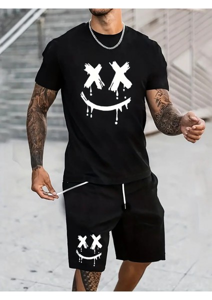 Erkek Kısa Kollu Bisiklet Yaka Baskılı Bluz Ipli Short Iki Iplik Takım modelleri