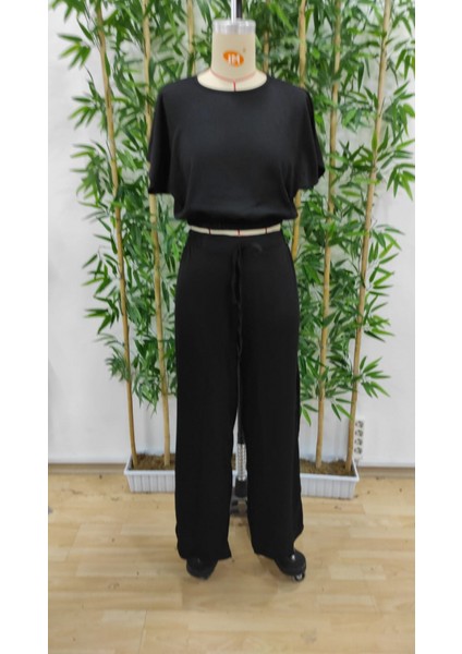 Amoricgiyim Kadın Kısa Kollu Crop Bluz Beli Lastikli Bol Paça Bürümcük Pantolon modelleri