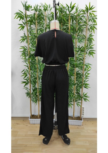 Amoricgiyim Kadın Kısa Kollu Crop Bluz Beli Lastikli Bol Paça Bürümcük Pantolon fırsatları