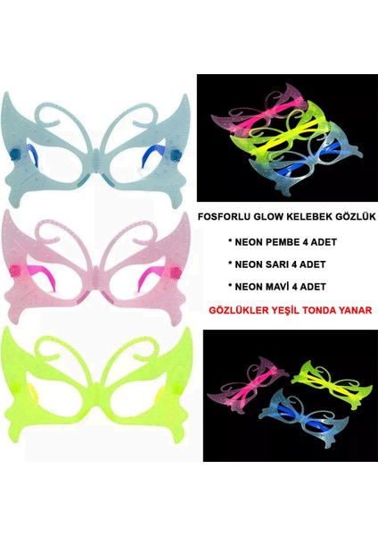 Fosforlu Kelebek Model Glow Parti Gözlüğü Karanlıkta Yanan Gözlükler 12 Adet