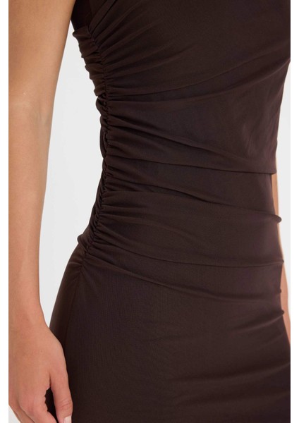 Bodycon Vücudu Saran Yarım Balıkçı Yaka Basic Düz Tül Kolsuz Maxi Elbise C3519AX24AU