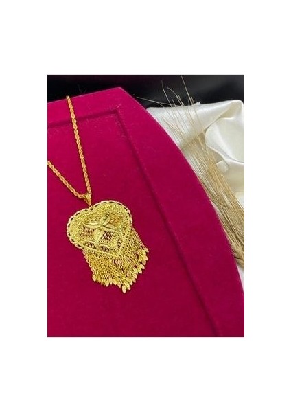 22 Ayar Altın Kaplama Çiçek Desen Zincirli Hint Model Kolye